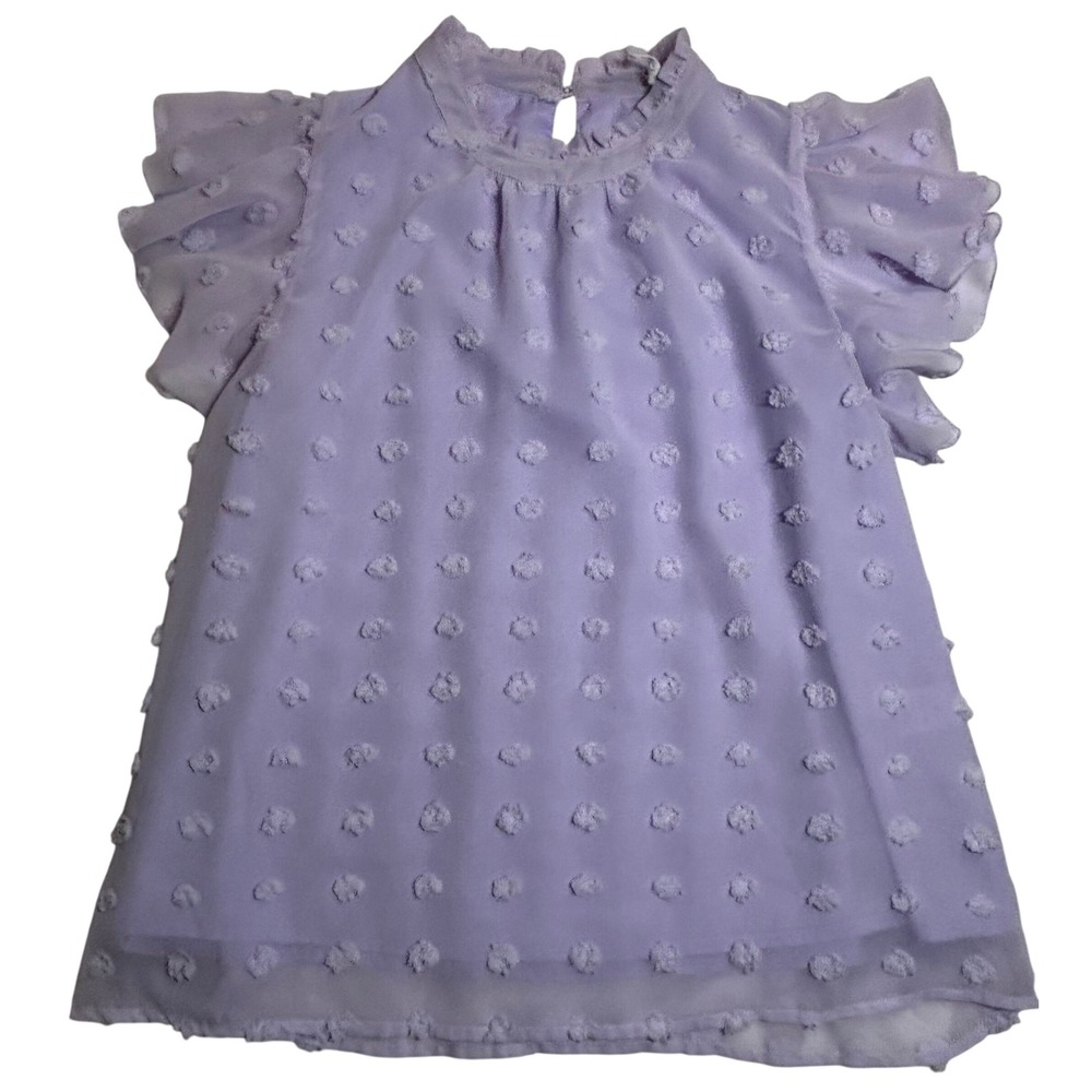THML Swiss Dot Blouse Women's Lavender Excellent Flutter Sleeve Mock Neck Med